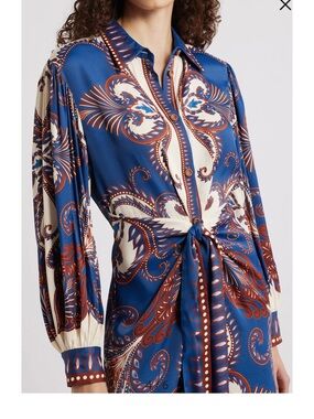 FARM Rio Blue Paisley Tie-Front Shirt Dress with Cream and Rust Accents